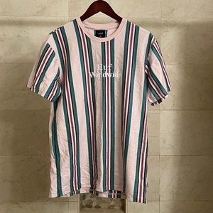 HUF Worldwide vertical striped t-shirt, size M, grayish pink and green, new